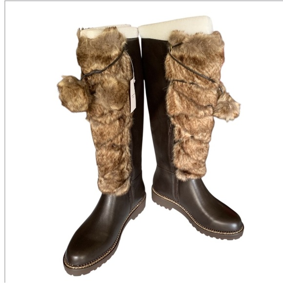 LANDSEND Women’s Lace Up Faux Fur Tall Leather Boots With Pom Poms, Zip Closure - Picture 9 of 13